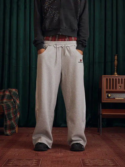 Double Waist Plaid Patchwork Cotton Baggy Sweatpants