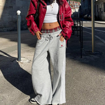 Double Waist Plaid Patchwork Cotton Baggy Sweatpants