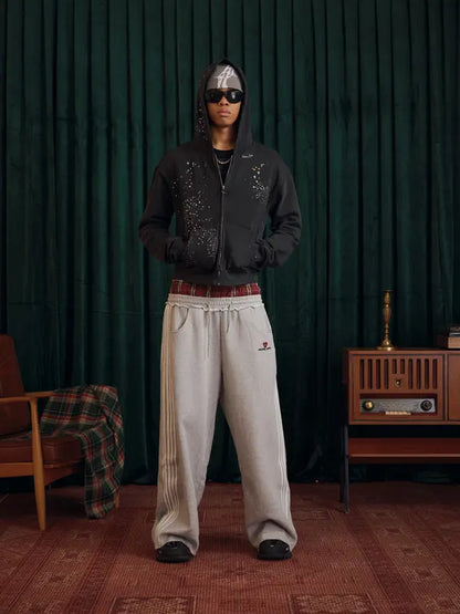Double Waist Plaid Patchwork Cotton Baggy Sweatpants
