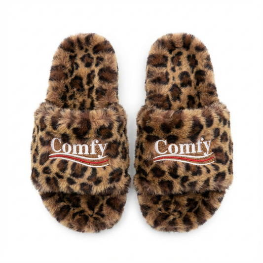 Fuzzy Leopard Comfy Slides