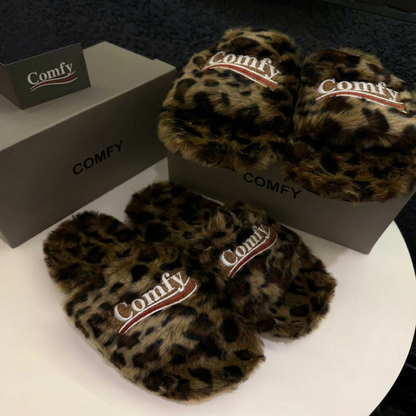 Fuzzy Leopard Comfy Slides