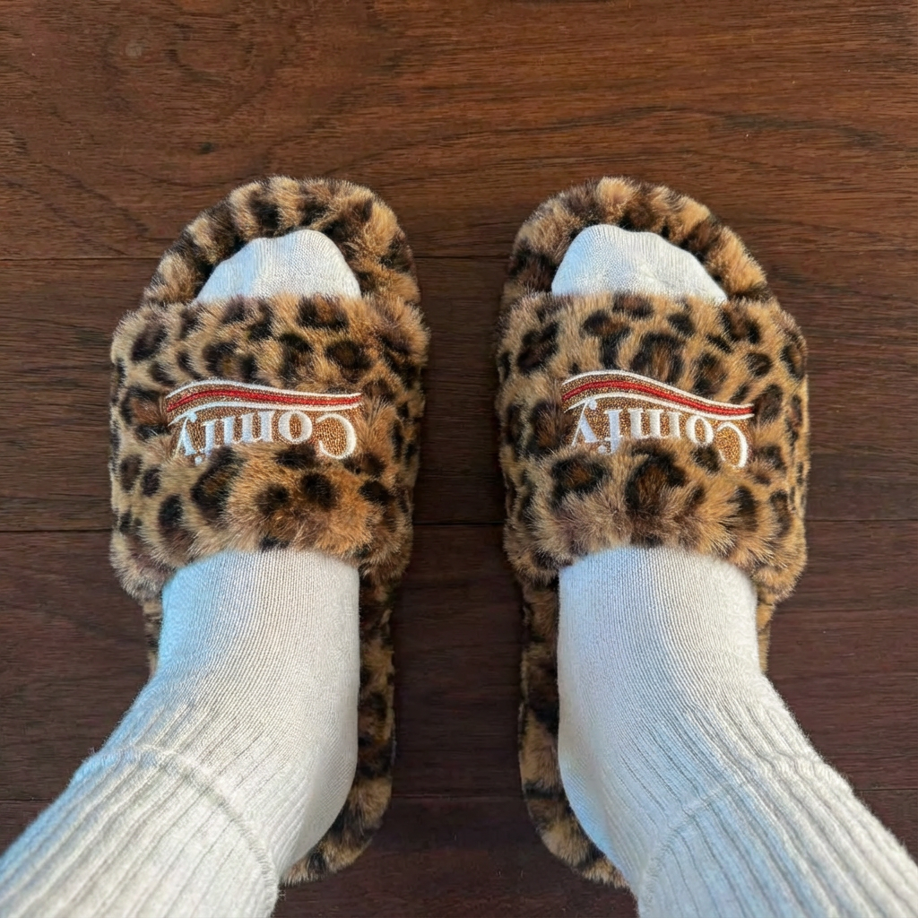 Fuzzy Leopard Comfy Slides