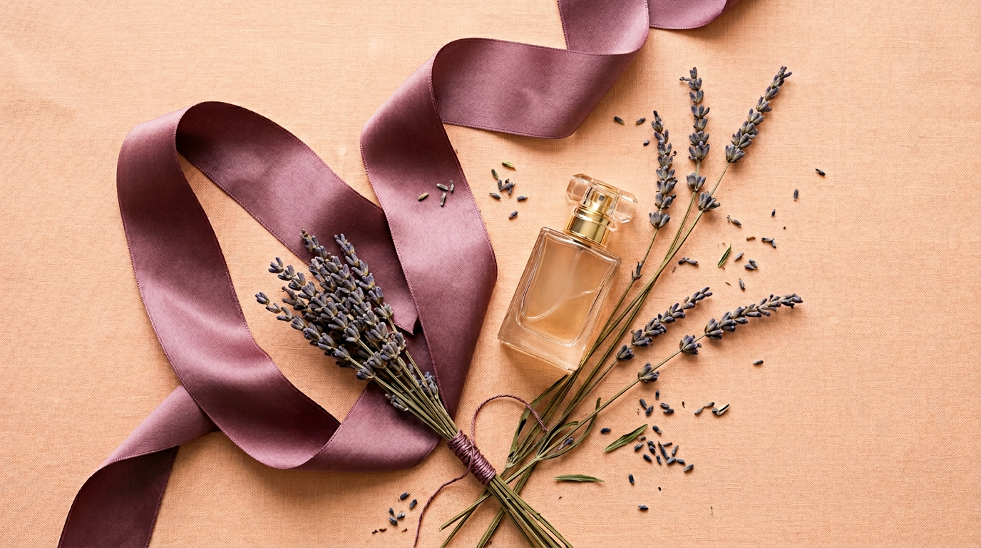 Mauve Oasis — fragrance notes flat lay